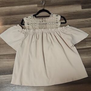 Women’s Off-Shoulder Blouse with Crochet Detail – Beige/Tan. Size 1X